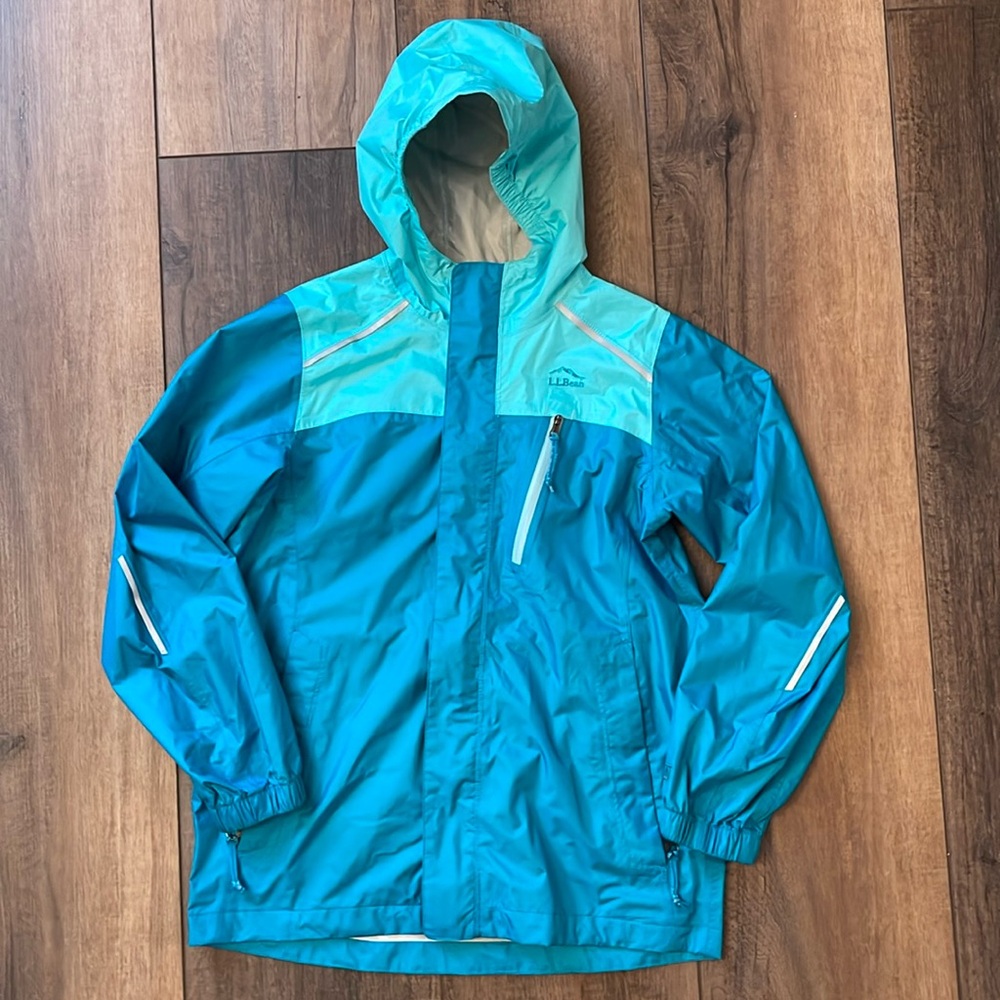 L.L. Bean Trail Model Rain Jacket Color Block Kids', teal, sz 10-12